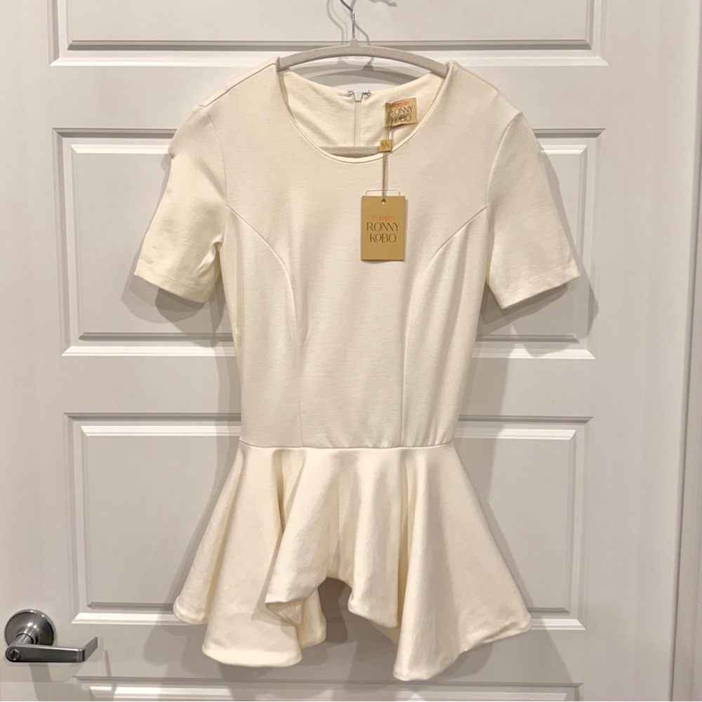 NWT Ronny Kobo Peplum Blouse XS White Short Sleeve Going Out Preppy Feminine - Picture 2 of 10